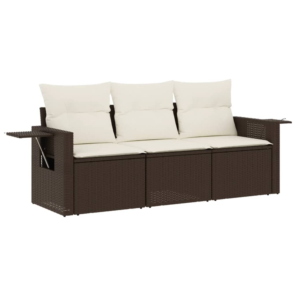 Garden sofa set with cushions, 3 pieces, brown, polyrattan