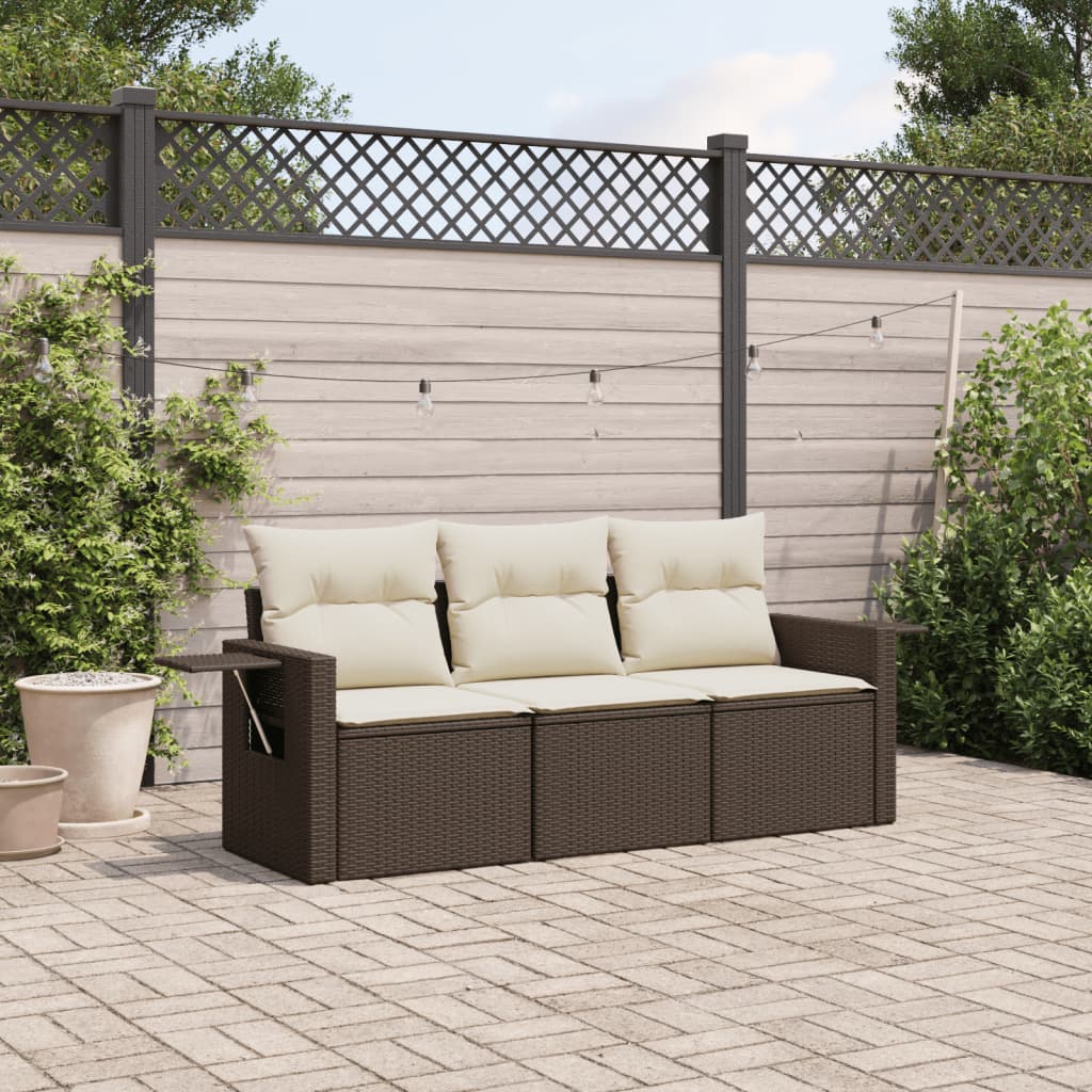 Garden sofa set with cushions, 3 pieces, brown, polyrattan