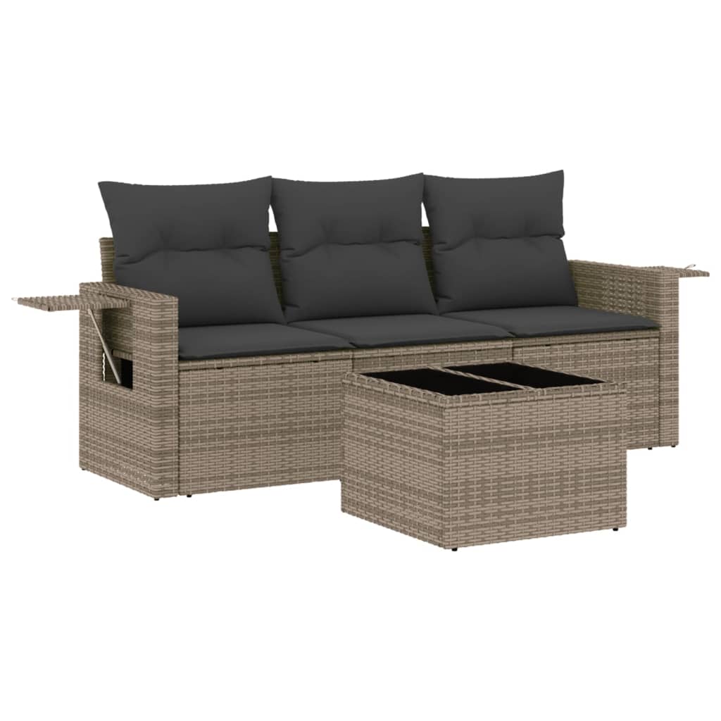 Garden sofa set with cushions, 4 pieces, grey, poly rattan