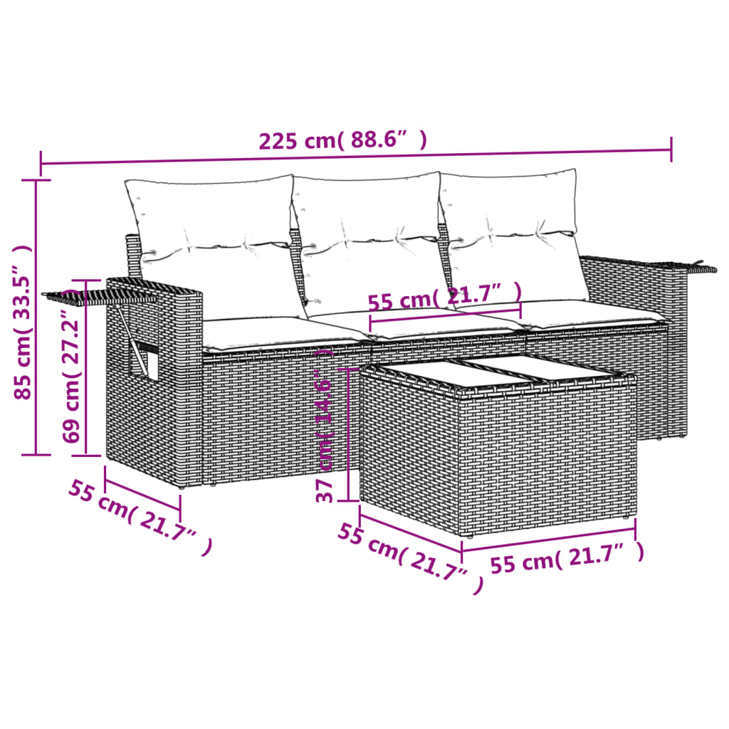 Garden sofa set with cushions, 4 pieces, grey, poly rattan