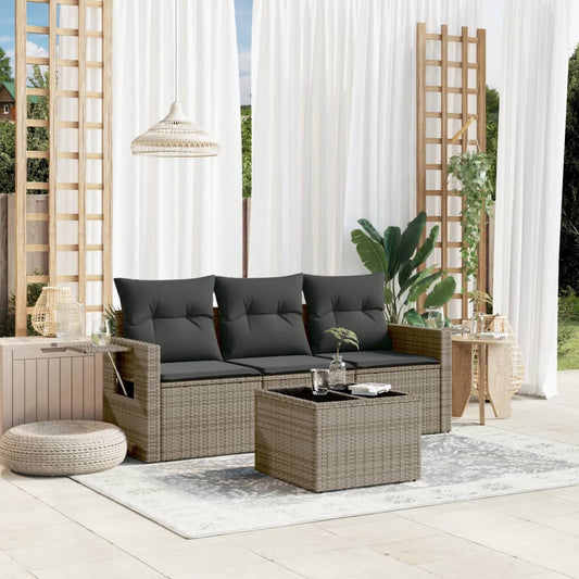 Garden sofa set with cushions, 4 pieces, grey, poly rattan