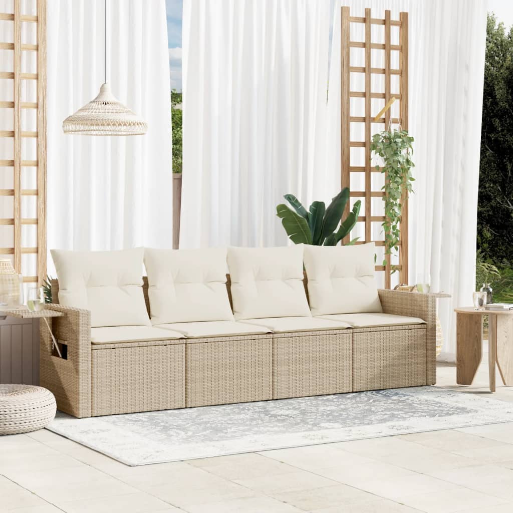 4-piece garden sofa set with cushions, beige, polyrattan