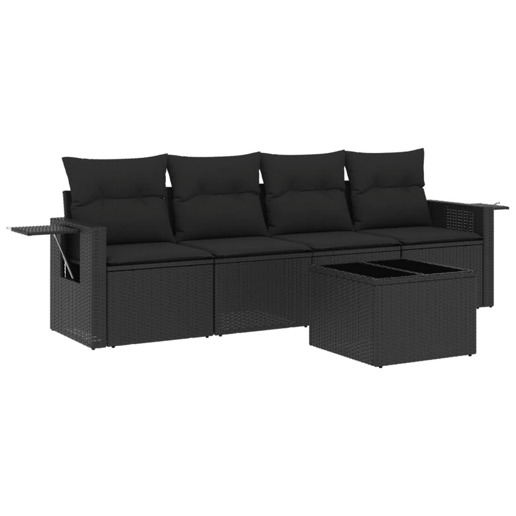 5-piece garden furniture set with cushions, black, polyrattan