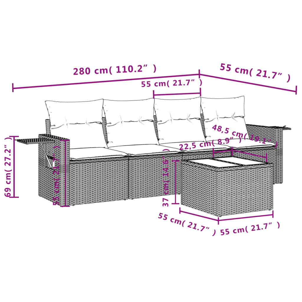 5-piece garden furniture set with cushions, black, polyrattan