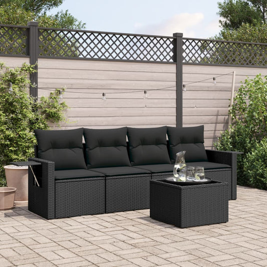 5-piece garden furniture set with cushions, black, polyrattan