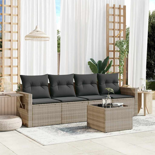 Garden sofa set with cushions, 5 pieces, light grey polyrattan