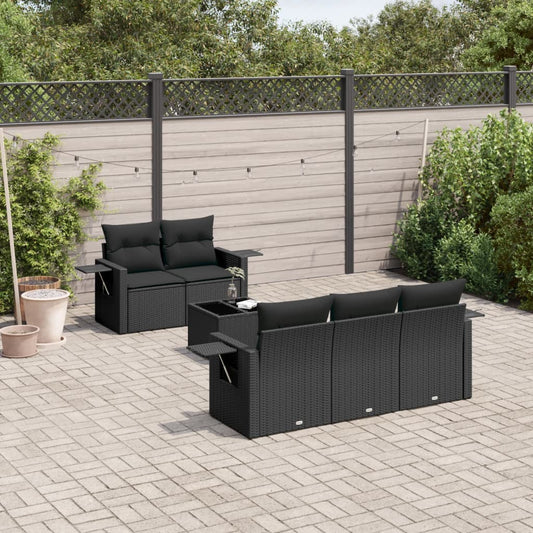 Garden furniture set with cushions, 6 pieces, black, polyrattan