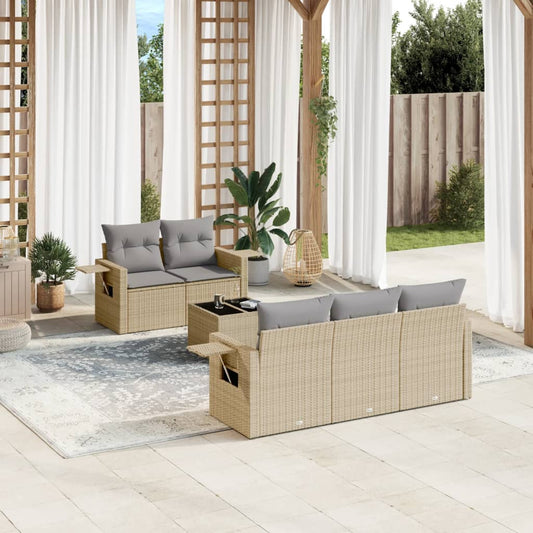 Garden sofa set with cushions, 6 pieces, beige, polyrattan