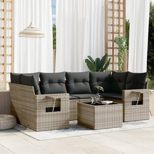 7-piece garden sofa set with cushions, grey, polyrattan