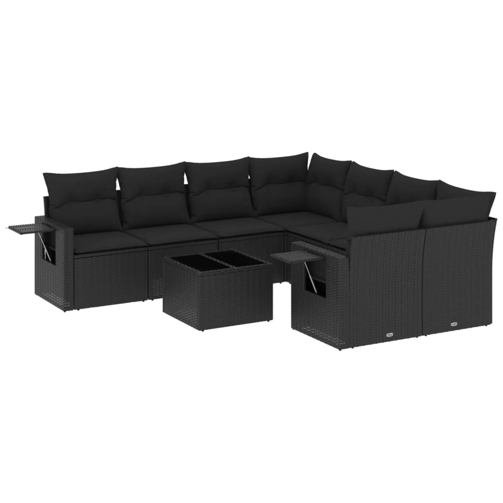 Garden furniture set with cushions, 9 pieces, black, polyrattan