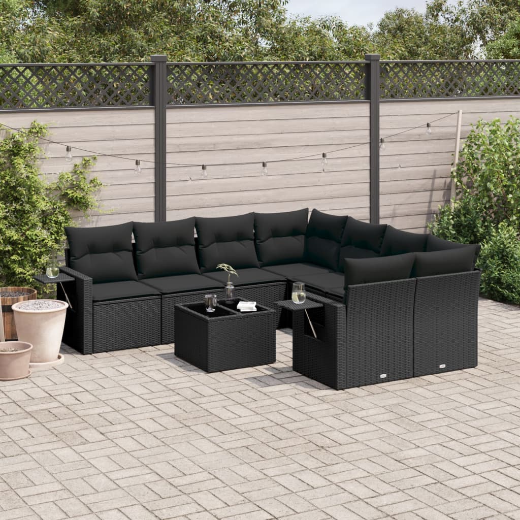 Garden furniture set with cushions, 9 pieces, black, polyrattan