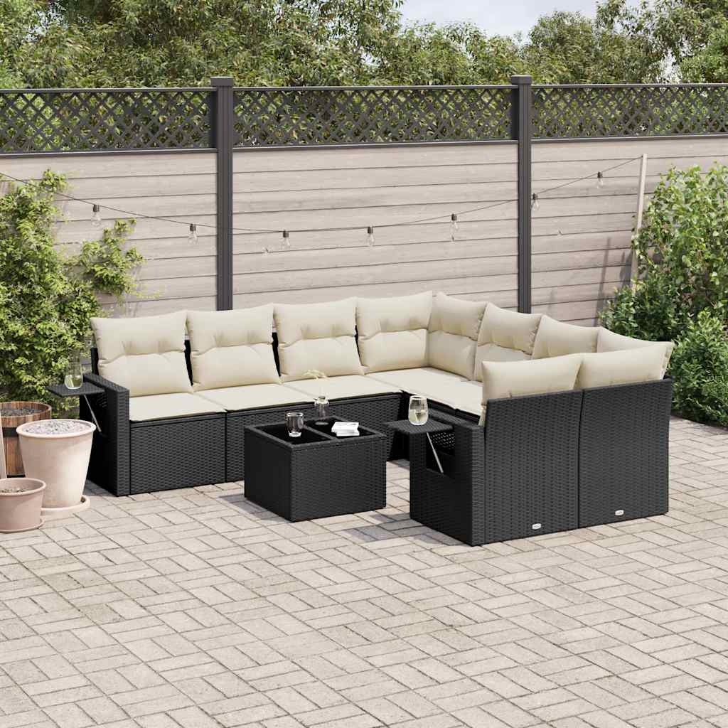 Garden furniture set with cushions, 9 pieces, black, polyrattan