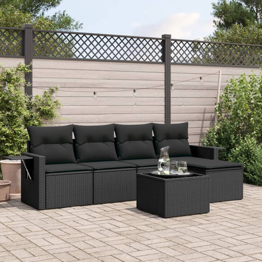 Garden furniture set with cushions, 6 pieces, black, polyrattan