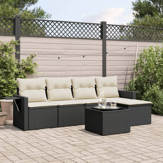 Garden furniture set with cushions, 6 pieces, black, polyrattan