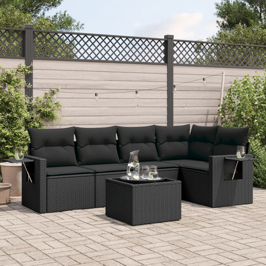 Garden furniture set with cushions, 6 pieces, black, polyrattan