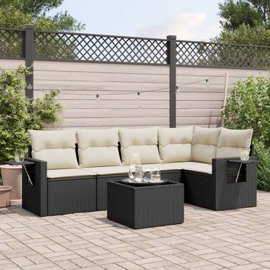 Garden furniture set with cushions, 6 pieces, black, polyrattan