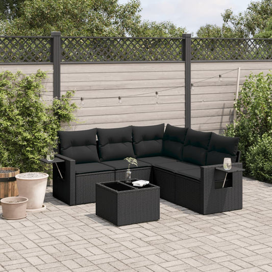 Garden furniture set with cushions, 6 pieces, black, polyrattan