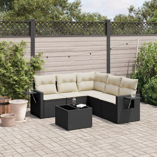 Garden furniture set with cushions, 6 pieces, black, polyrattan