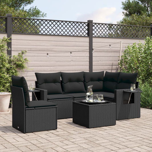 Garden furniture set with cushions, 6 pieces, black, polyrattan