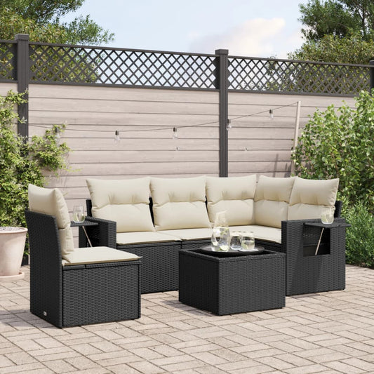 Garden furniture set with cushions, 6 pieces, black, polyrattan