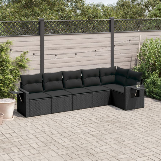 Garden furniture set with cushions, 6 pieces, black, polyrattan