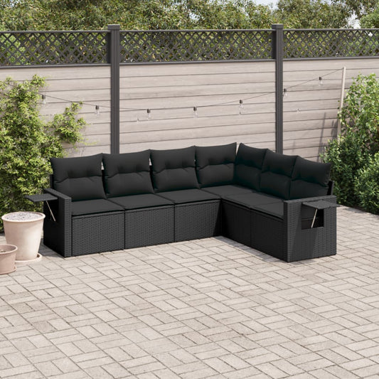 Garden furniture set with cushions, 6 pieces, black, polyrattan