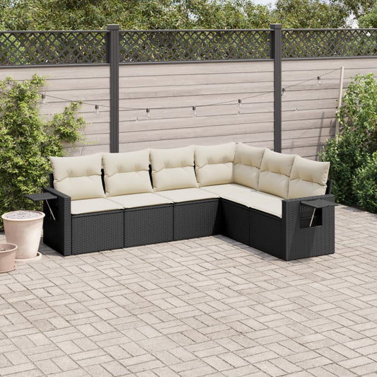 Garden furniture set with cushions, 6 pieces, black, polyrattan