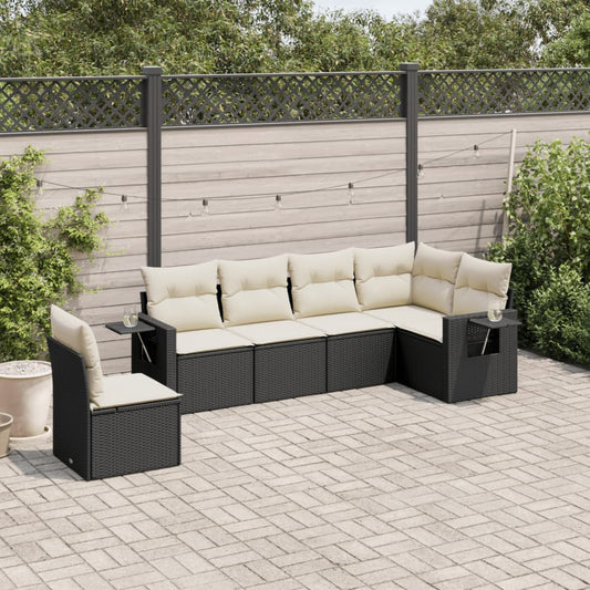 Garden furniture set with cushions, 6 pieces, black, polyrattan