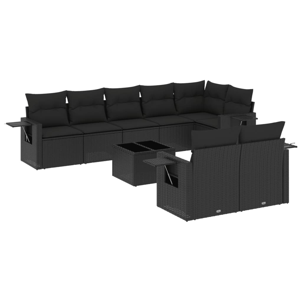 Garden furniture set with cushions, 9 pieces, black, polyrattan