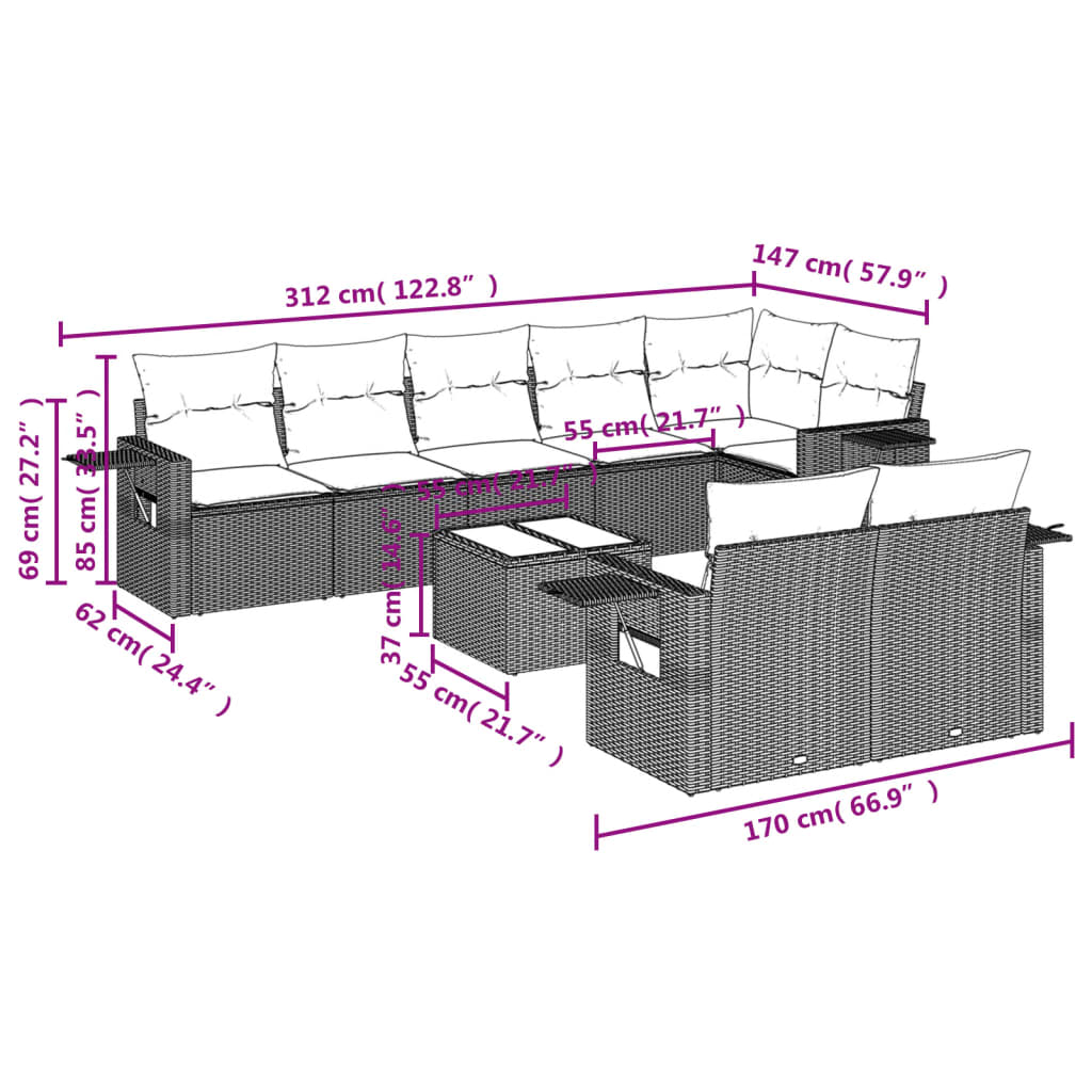 Garden furniture set with cushions, 9 pieces, black, polyrattan