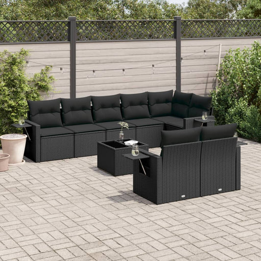 Garden furniture set with cushions, 9 pieces, black, polyrattan