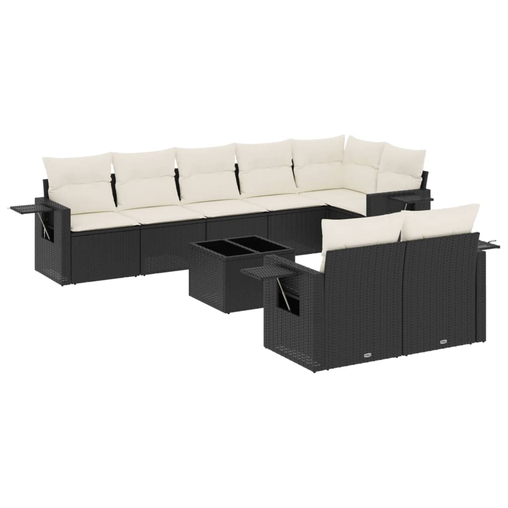 Set mobilier de grădină cu perne, 9 piese, negru, poliratan