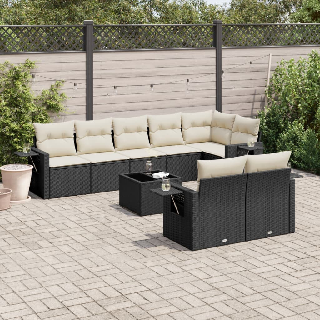 Garden furniture set with cushions, 9 pieces, black, polyrattan