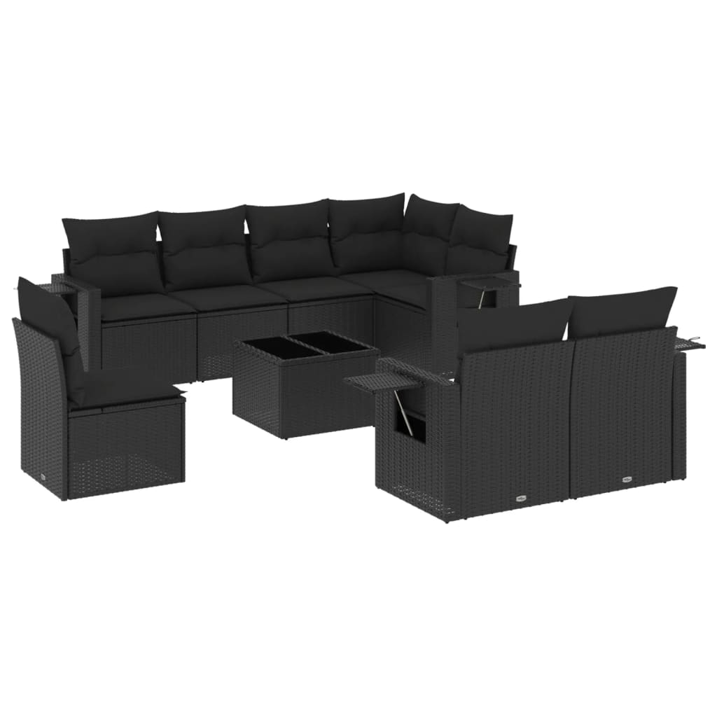 Garden furniture set with cushions, 9 pieces, black, polyrattan