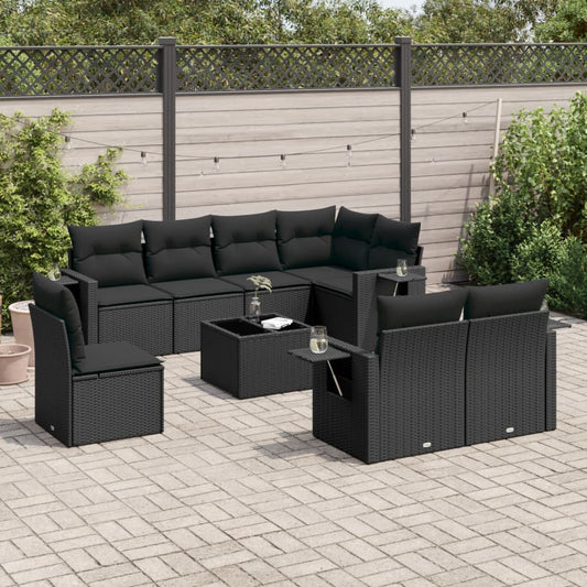 Garden furniture set with cushions, 9 pieces, black, polyrattan