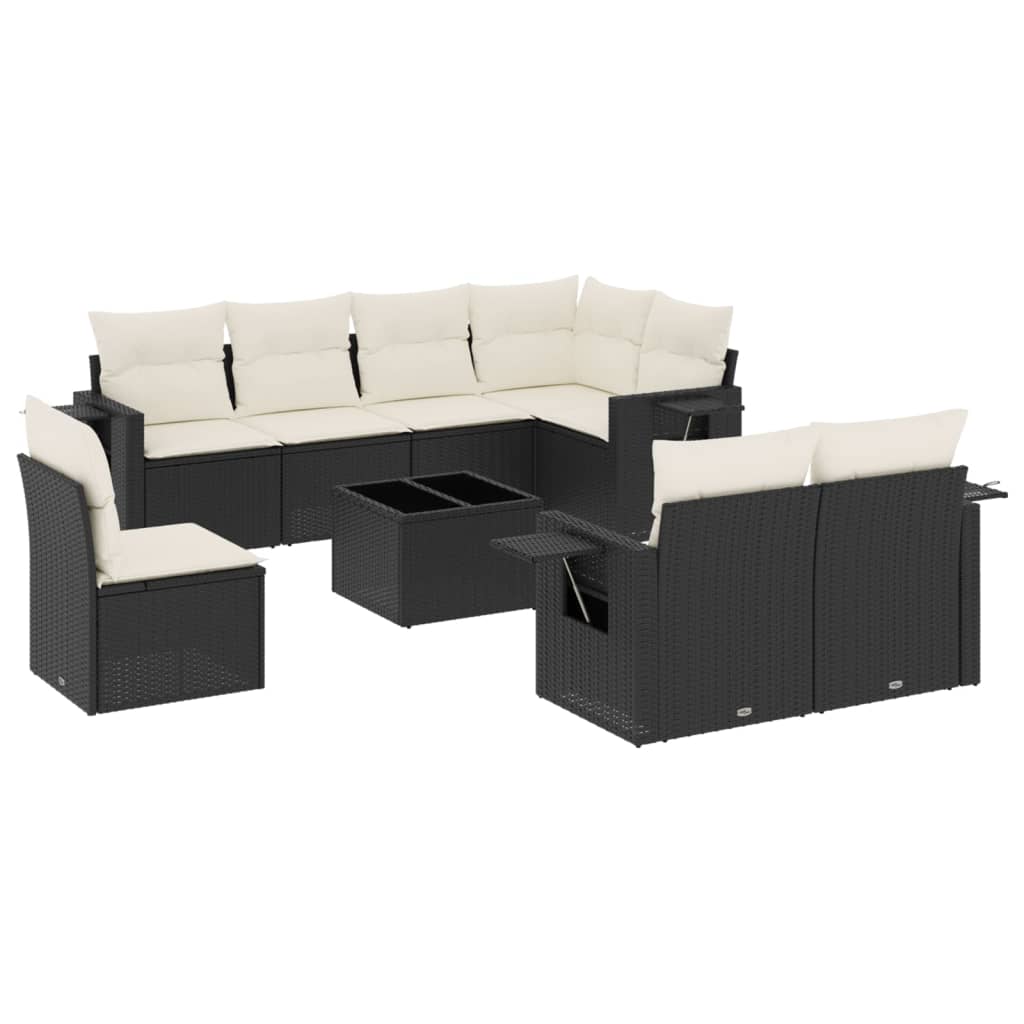 Set mobilier de grădină cu perne, 9 piese, negru, poliratan