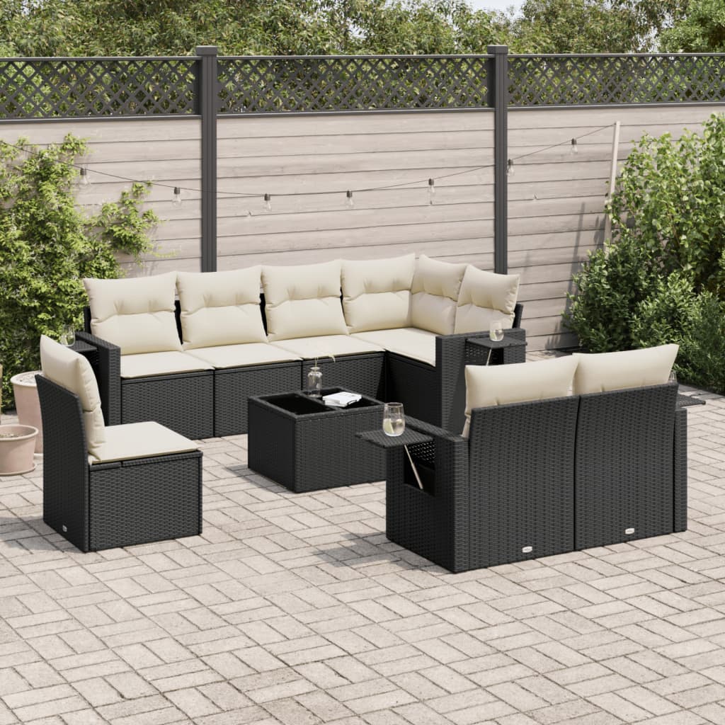 Garden furniture set with cushions, 9 pieces, black, polyrattan