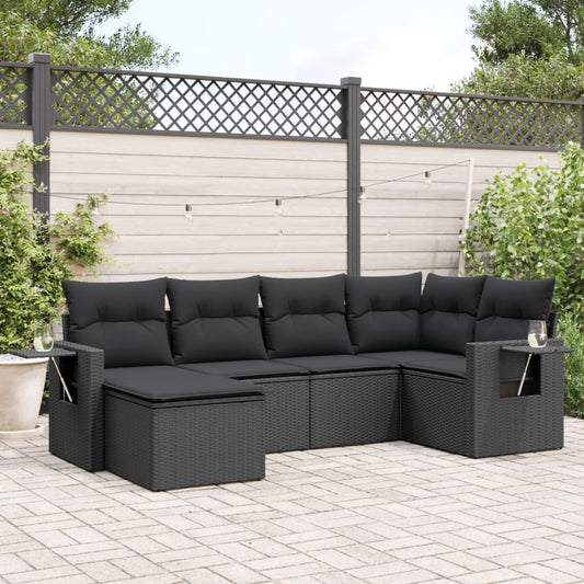 Garden furniture set with cushions, 6 pieces, black, polyrattan