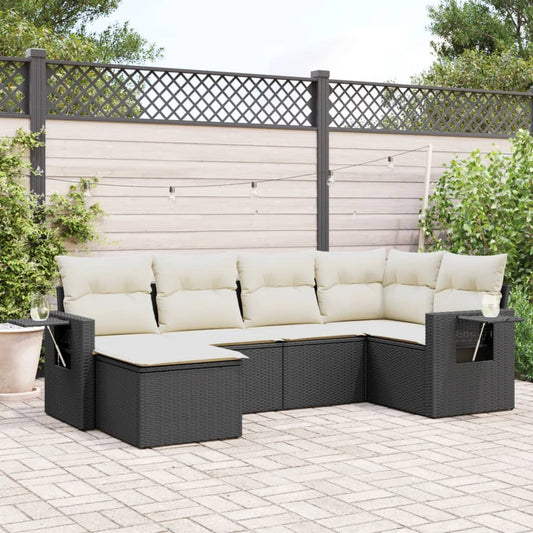 Garden furniture set with cushions, 6 pieces, black, polyrattan