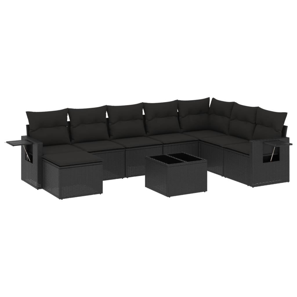 Garden furniture set with cushions, 9 pieces, black, polyrattan