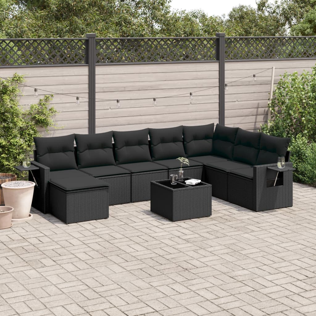 Garden furniture set with cushions, 9 pieces, black, polyrattan