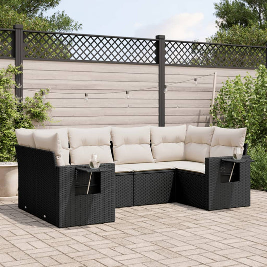 Garden furniture set with cushions, 6 pieces, black, polyrattan