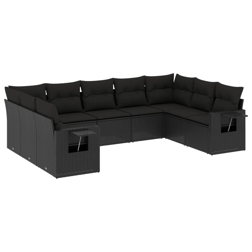 Set mobilier de grădină cu perne, 9 piese, negru, poliratan