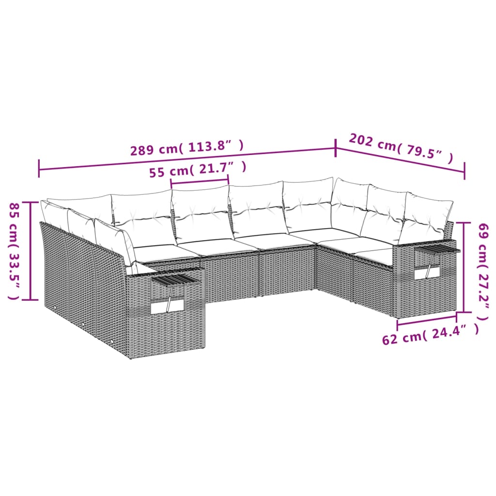 Set mobilier de grădină cu perne, 9 piese, negru, poliratan