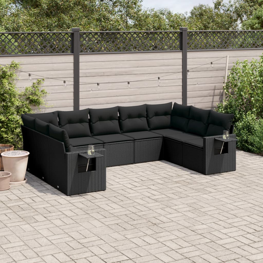 Garden furniture set with cushions, 9 pieces, black, polyrattan