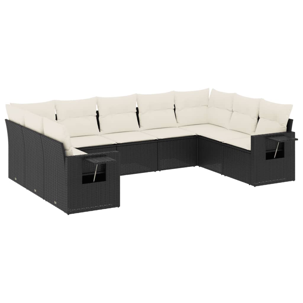 Set mobilier de grădină cu perne, 9 piese, negru, poliratan