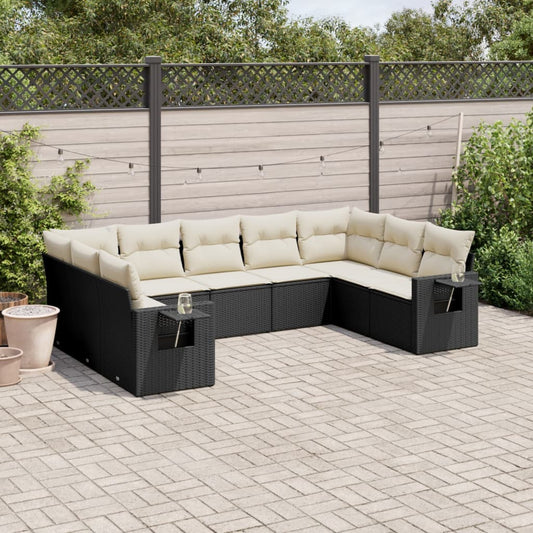 Garden furniture set with cushions, 9 pieces, black, polyrattan