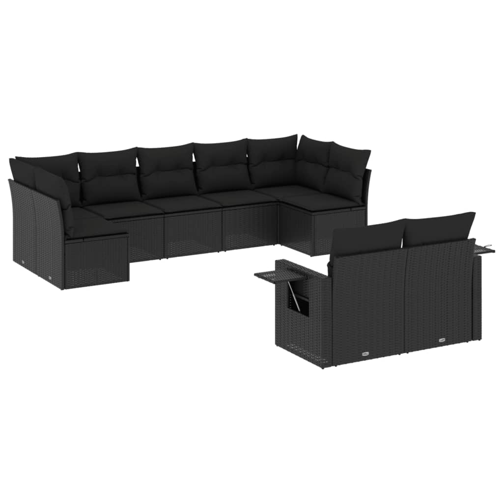 Set mobilier de grădină cu perne, 9 piese, negru, poliratan