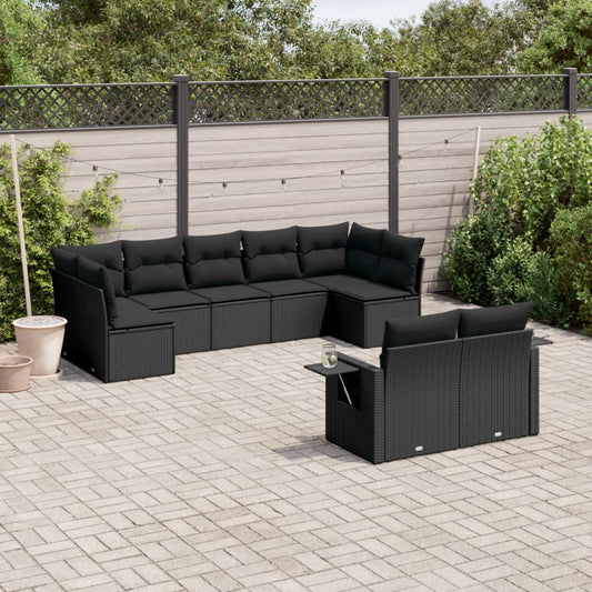 Garden furniture set with cushions, 9 pieces, black, polyrattan