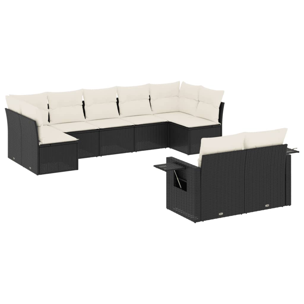 Set mobilier de grădină cu perne, 9 piese, negru, poliratan